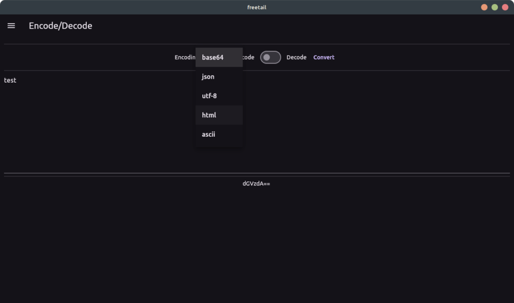 Freetail encode/decode screen with menu showing